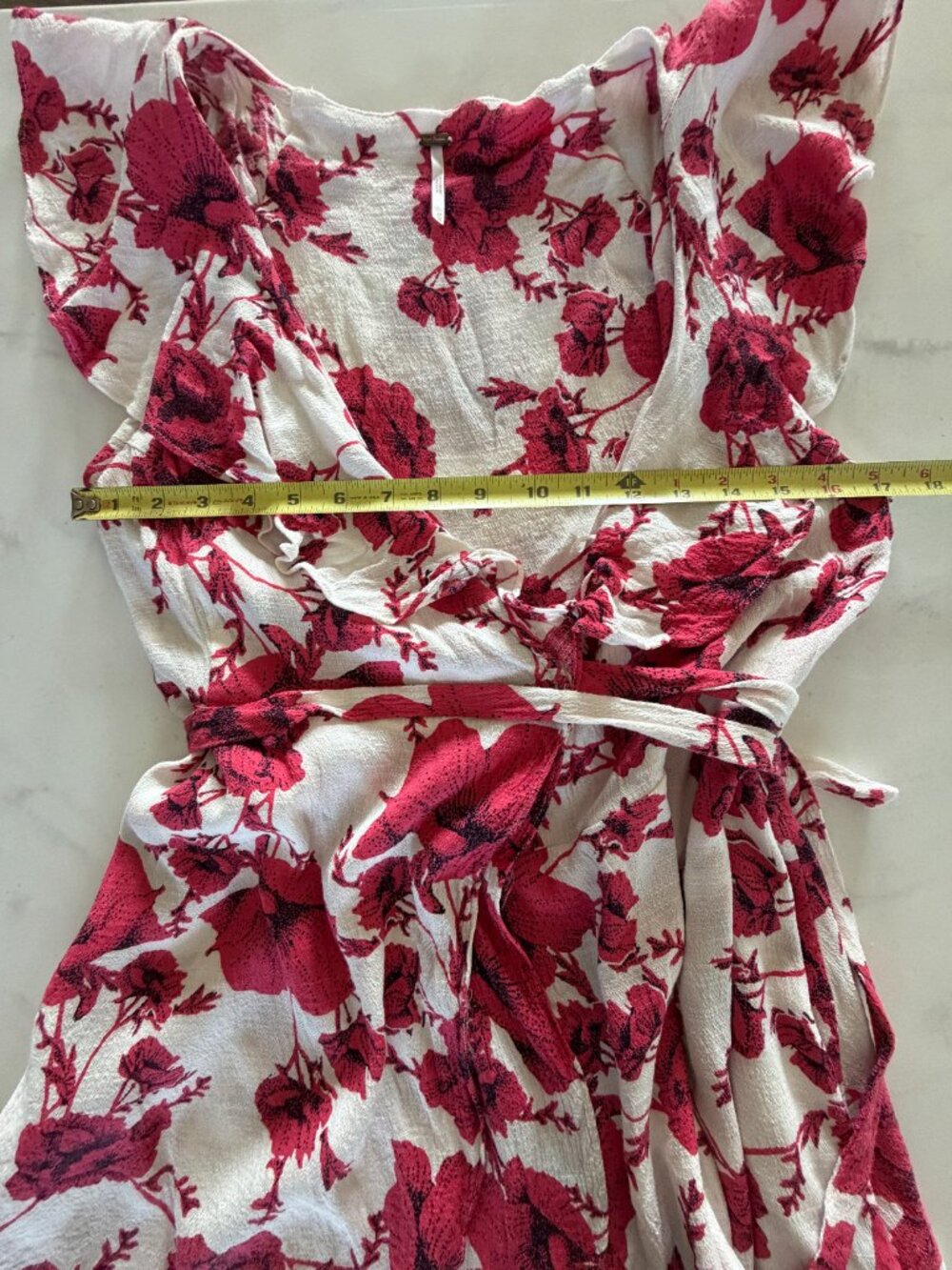 Free People Floral Wrap Mini Dress Medium White Pink Ruffle Boho - Picture 3 of 9